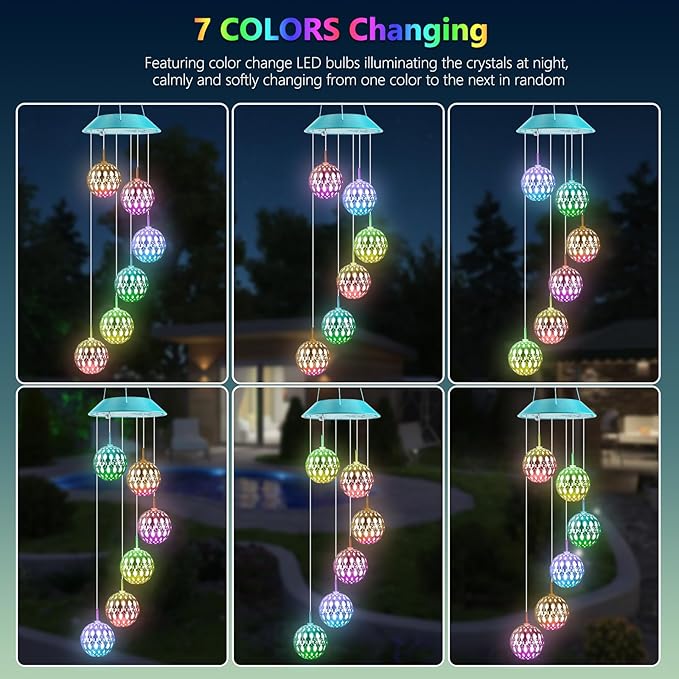 Solar Moroccan Ball Gifts for Mom Grandma Girls, Color Changing Christmas Solar Wind Chimes for Outside, Outdoor Decorative Mobile Lights for Garden, Yard, Patio, Window, Party.