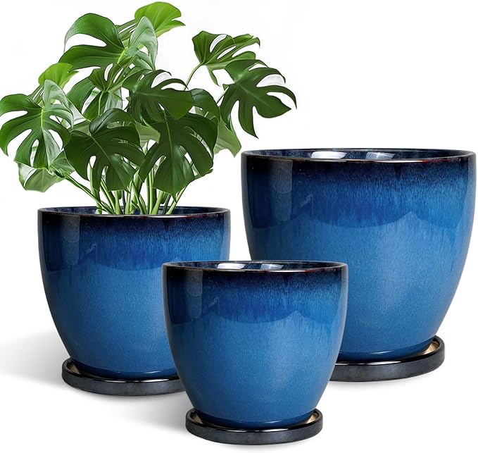Ceramic Plant Pots 3 Pack - 10 Inch 8 Inch 6 Inch Round Modern Planters with Drainage Holes and Saucers, Flower Pots for Indoor Outdoor, Room Garden House Decor, Gift for Women Men, Blue