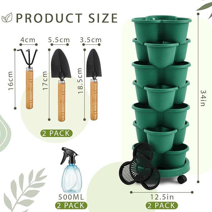 Umigy 2 Set of 7 Tier Stackable Vertical Planters with Removable Wheels and Tools Tower Planters Strawberry Herb Flower Vegetable Pots Indoor Outdoor Gardening Pots(Dark Green)