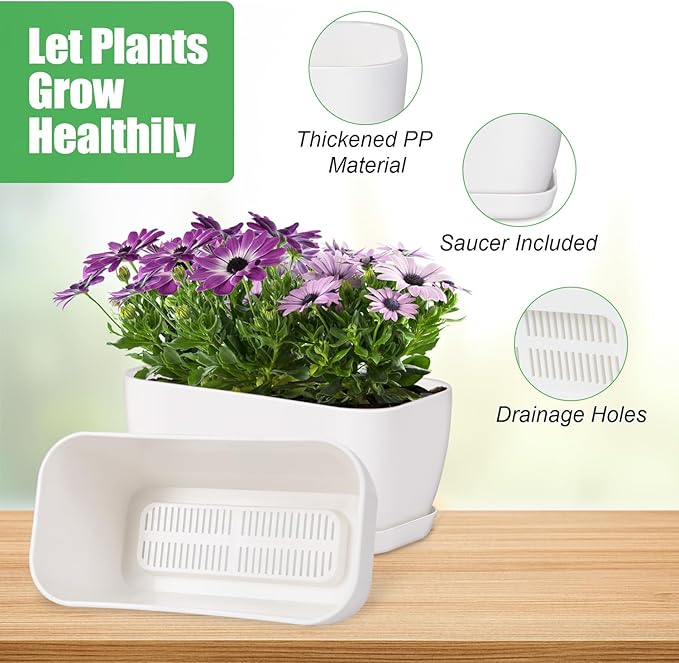 Herb Garden Planter Set, Plastic Plant Pots with Drainage and Saucer, Indoor Succulent Cactus Vegetable Pot for Windowsill, Garden Balcony, Green, Set of 6