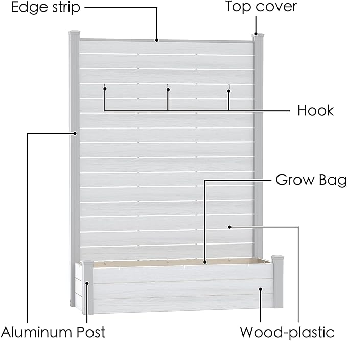 Kozyard Privacy Screen with Planter, 70" H x 51" W Outdoor Garden Screen, Waterproof Aluminum Frame with Thick Wood-Plastic Boards, Decorative Privacy Screen for Patio, Balcony & Backyard White