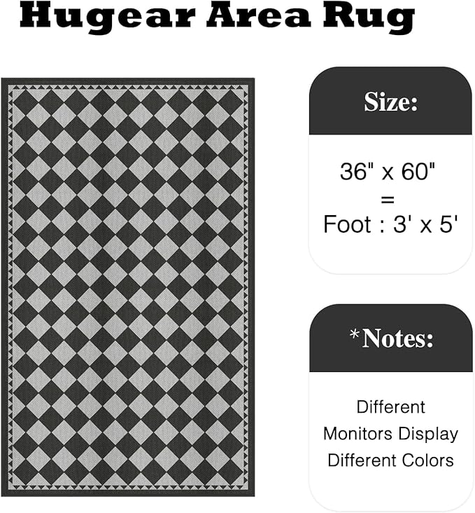 HUGEAR 3x5 Outdoor Rug Black/Grey Linen-Look Fabric Checkered Area Rug High Traffic Stain Resistant Easy Clean Durable Rugs for Indoor/Outdoor Patio Deck Balcony Porch Garden Courtyard