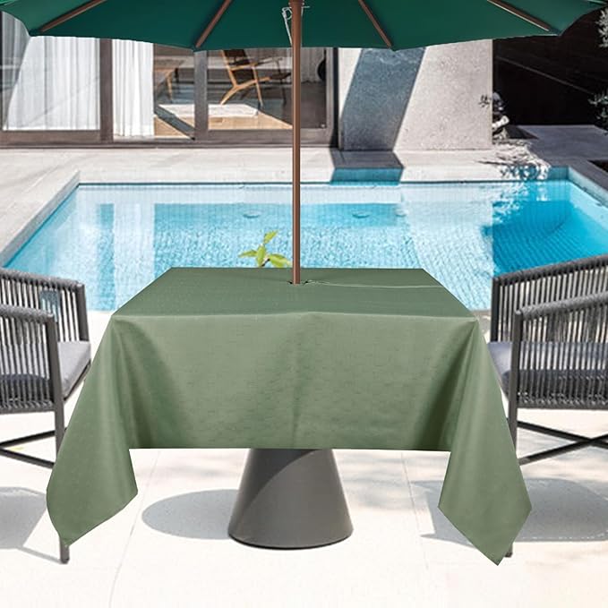 Outdoor Tablecloth Wrinkle-Free Stain Resistant Waterproof Polyester Fabric Table Cover with Zipper Umbrella Hole for Picnic/Party/Dinner/Garden(60×60inch Square,Zippered,Sage Green)