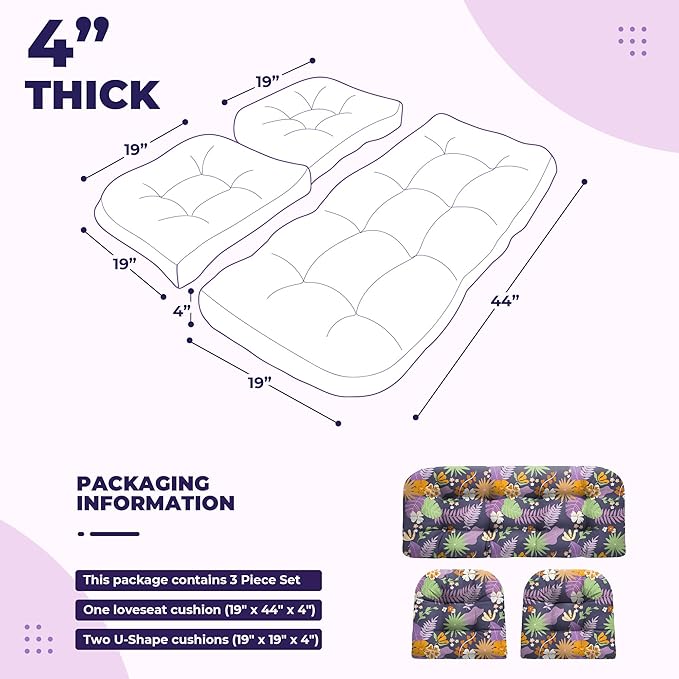 Wicker Chair Cushions, Waterproof Outdoor Loveseat Cushions for Patio Furniture, Tufted Wicker Furniture Cushions, 1 Loveseat and 2 U-Shaped Cushions (Purple Flower)