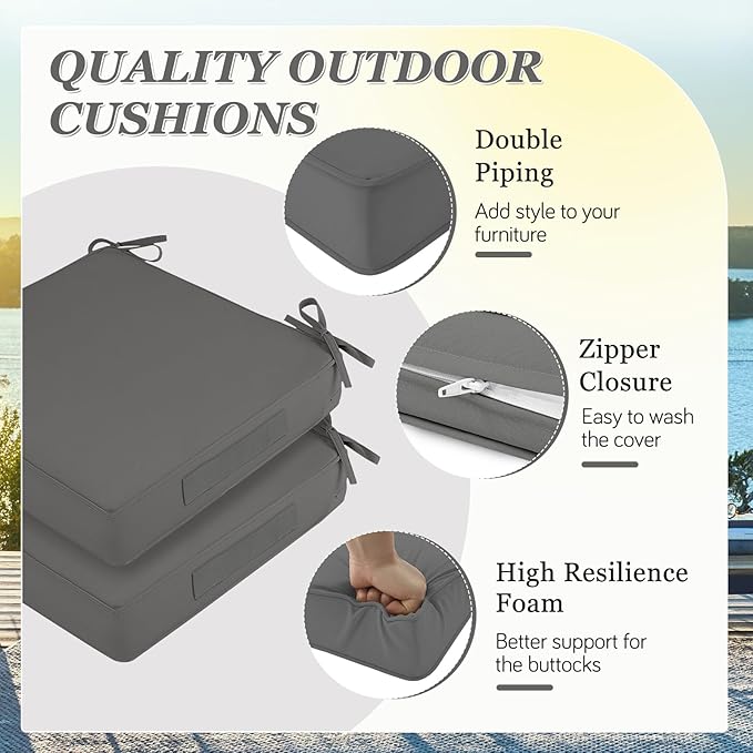 Waterproof Outdoor Chair Cushions Set of 2, Square Outdoor Seat Cushions with Ties and Removable Covers, 19 x 19 Outdoor Cushions for Patio Furniture with Portable Handle(Grey)