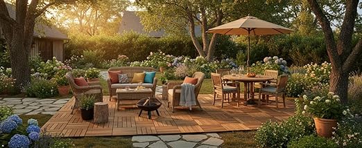 Acacia Wood Flooring Interlocking Deck Tiles for Patio Decor 27 Pcs 12 Slats VR Dark Yellow - Waterproof Indoor & Outdoor Decor - Balcony Garden Decking Tile (12.2 * 12.2 * 0.7 inches)
