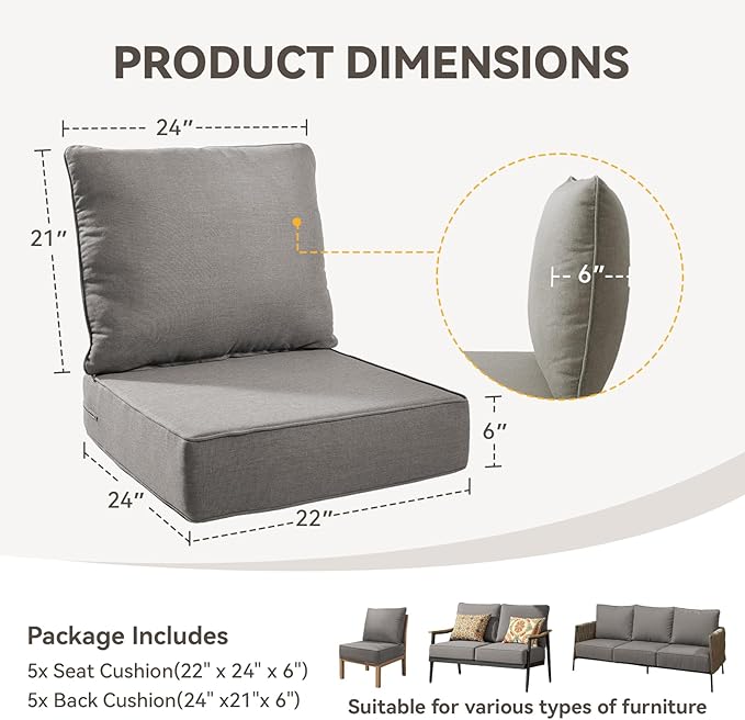 Outdoor Cushion Set for Furniture Patio Furniture, UV Resistant, Water Resistant - 6 Inch Thick Foam Garden Cushions– 22x24 Inch Patio Seat Covers for Chair/Sofa/Couch | Grey | 5-Pack |