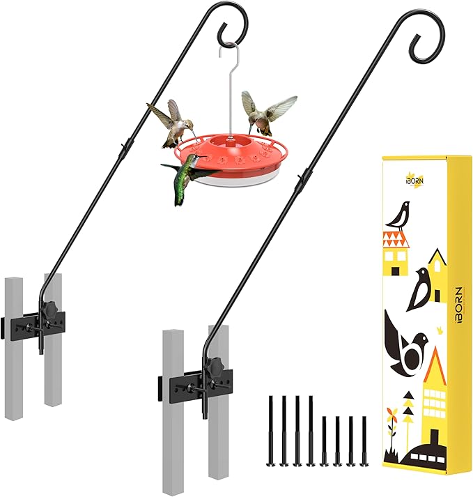 iBorn Fence Deck Hook Rail Heavy Duty Hummingbird Feeder Hanger 28 Inch Railing Hanging Hook for Bird Feeder, Suet Baskets, Planters, Wind Chimes, Solid Wire, 180 Degree Rotary, Pack of 2