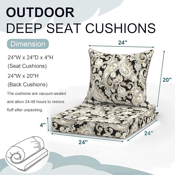 Outdoor Deep Seat Cushion Set, Water Repellent 24"x24" Patio Thick Cushions Replacement with Seat & Back Pillow for Patio Sofa, Wicker Chair, Couch - Paisley Black