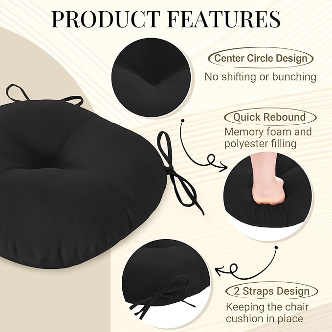 downluxe Bistro Chair Cushions for Patio Furniture, Water-Resistant Round Outdoor Chair Cushions Set of 2 with Non-Slip Ties, 15" x 15", Black