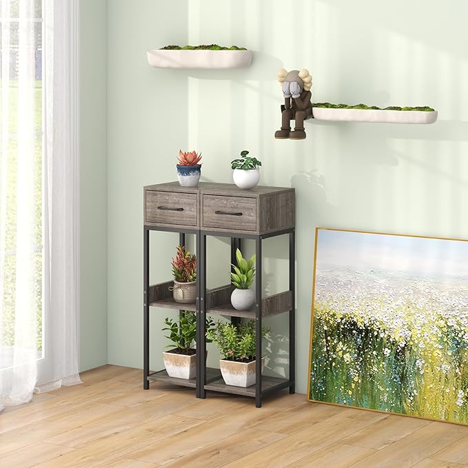 Giantex 3 Tier Tall Plant Stand Indoor, 36 Inch Corner Plant Holder with Drawer & Metal Frame, Modern Plant Shelf for Multiple Flower Pots, Square Plant Tables for Balcony, Living room, 2 Pack