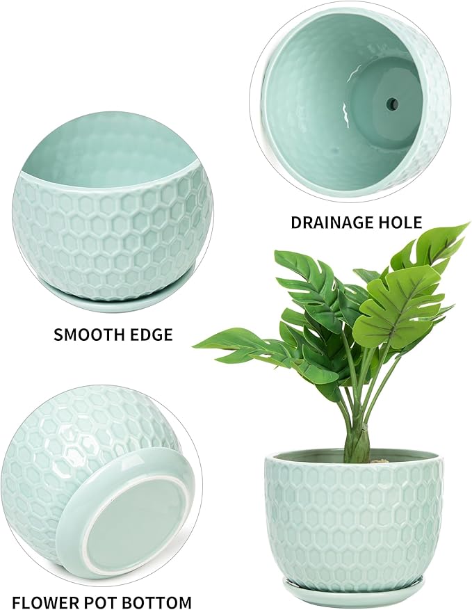 Ceramic Flower Pots with Drainage Hole and Saucer, Modern Round Succulent Planters with Honeycomb Inspired Texture Design, Small to Medium Sized, Set of 3, Green