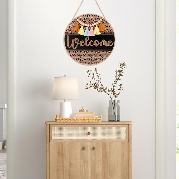 HLNIUC Welcome Hanging Sign Plaque(11”x11”) Rustic Farmhouse Hanging Plaque,Welcome Door Hanger with Beads Tassels,Minimalist Office Wooden Signs,Funny Front Wood Sign for Porch Home Outdoor Indoor