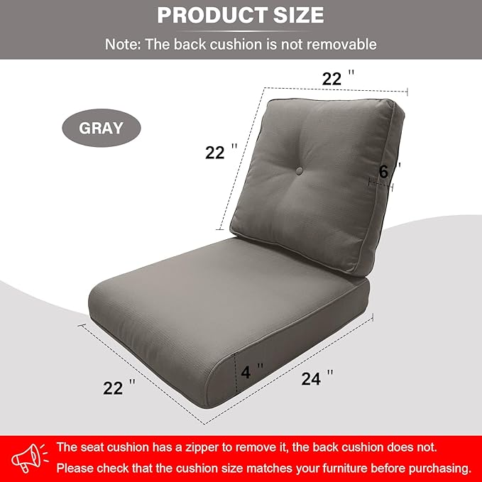 Outdoor Chair Cushions 6 Sets - 22 * 24" Patio Furniture Cushions with Removable Cover, 28D High Density Sponge Filling Outdoor Patio Cushions for Chairs, Rocker, Sofa and Loveseat - Grey