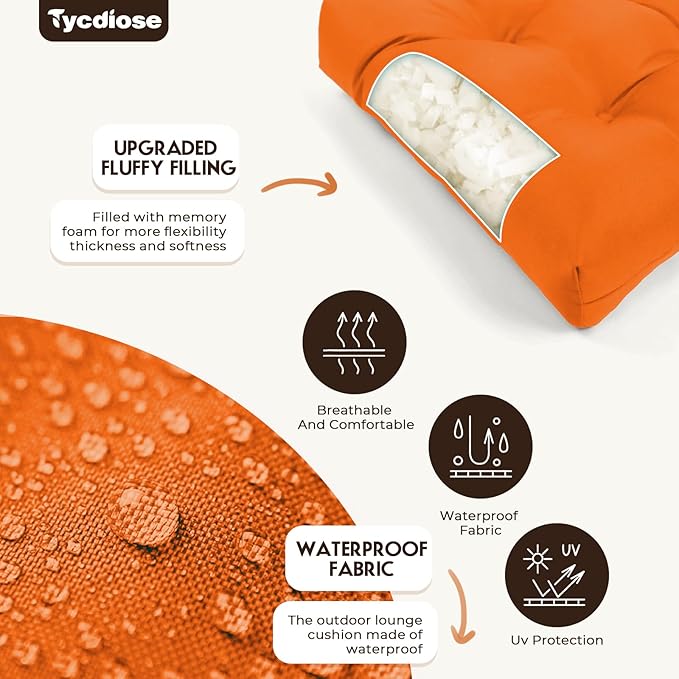 All Weather Chaise Lounge Cushions Outdoor Lounge Chair Cushion, Replacement Chaise Lounger Chair Cushion Waterproof for Outdoor Patio Furniture with Non-Slip Back and Ties, Orange