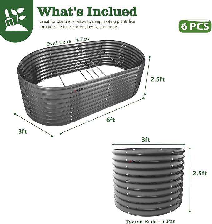 A ANLEOLIFE 6-Piece 30 Inch Extra Tall Galvanized Raised Garden Beds Kit, Large Oval & Round Metal Planters – Ideal for Backyard Vegetables Flowers Herbs, Quartz Grey