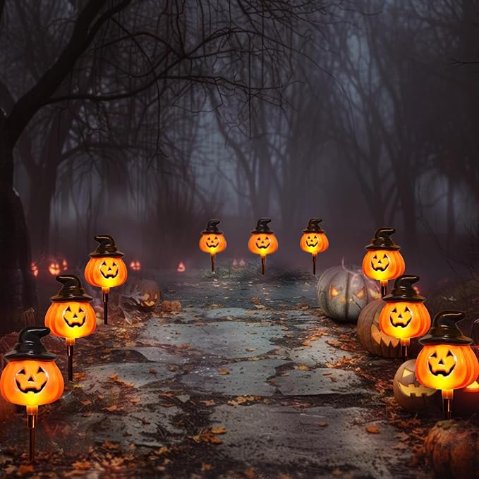 6 Pack Solar Jack O Lantern Stake String Lights - Orange Halloween Pathway Decor for Outdoor Halloween Yard Display