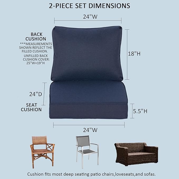 24x24 Inch Outdoor Deep Seat Cushions Set of 2,Thick High-Density Foam, Water-Resistant, Piped Edges & YKK Hidden Zipper for Patio Furniture,Midnight