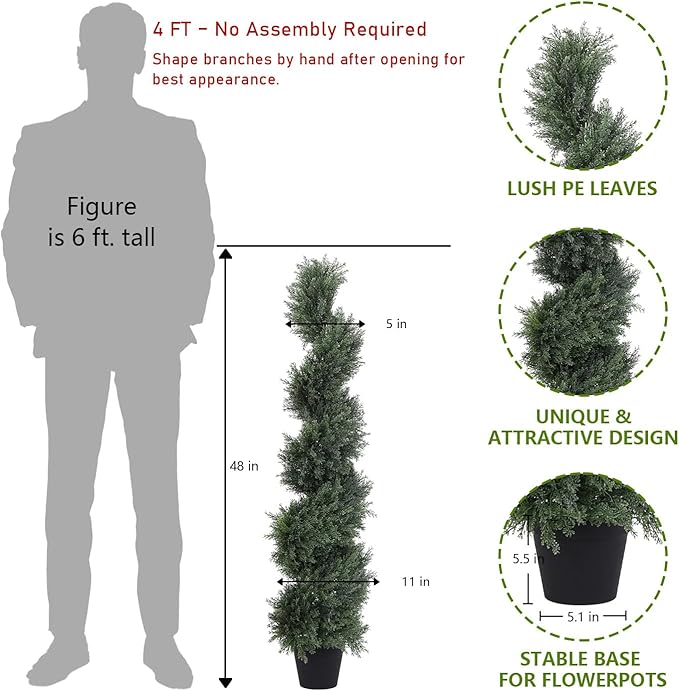 THE BLOOM TIMES 4ft Tall Spiral Artificial Topiary Trees Set of 2, 48 inch Large Faux Cedar Trees for Outdoor Planters, Fake Cypress Plants for Garden Front Porch Indoor Outside Christmas Decor 4 Foot