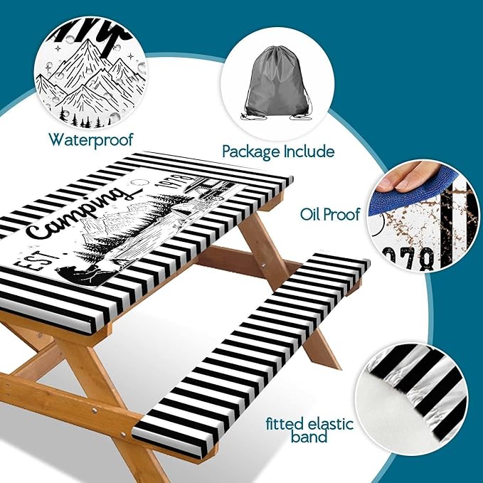 3PCS Picnic Table Cover with Bench Covers Black Stripe Bear Pattern Camping Tablecloth Fitted Picnic Picnic Table Cover with Elastic Windproof Waterproof, Outdoor Camping Accessories 60IN