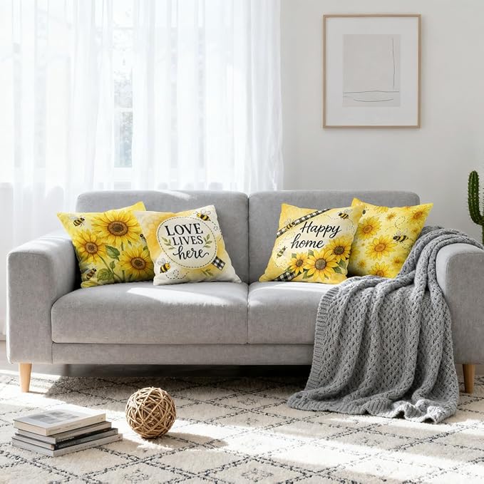 Sunflower Pillow Covers 18x18 inch Set of 4, Yellow Bee Honeycomb Love Home Throw Pillows Cover Sofa Couch Pillow Cases for Farmhouse Indoor Home Decor Decorations