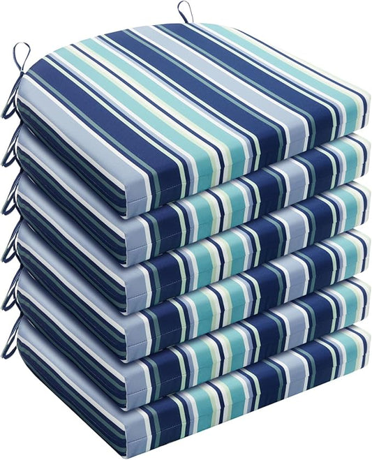 Wellsin Outdoor Chair Cushions for Patio Furniture - Patio Chair Cushions Set of 6 - Water Resistant Round Corner Outdoor Seat Cushions 17"X16"X2", Stripe 02