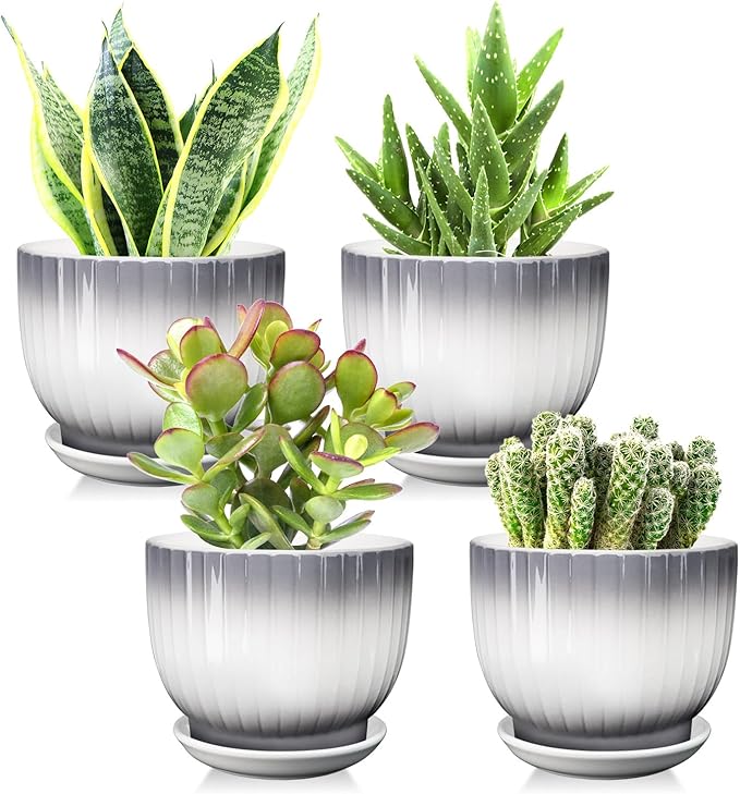 Ceramic Plant Pots,5.5 Inch,Set of 4,Planters with Drainage Hole and Saucer,Flower pots for Indoor Plants,Modern Design(Gray+White)