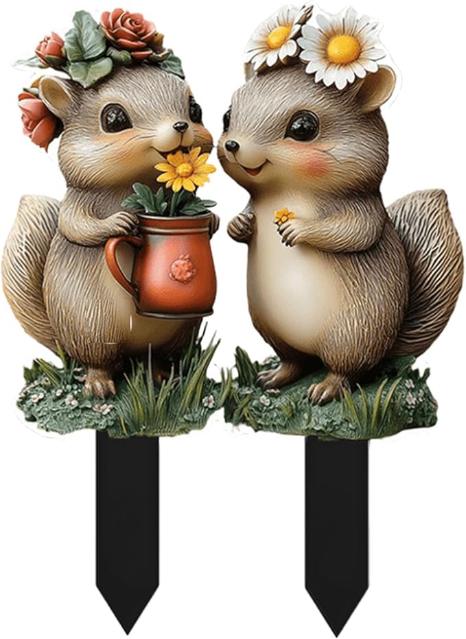 Cute Squirrels Garden Stake Decor, 2D Flat Stained Acrylic Animal Sign, Small Animal Ornament Indoor Outdoor Yard Lawn Pot Plant Decorative Accessories