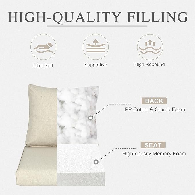 Aoodor 23" x 26" Patio Deep Seat Cushion Set, Water Resistant & Fade Resistant Outdoor Furniture Cushions with Adjustable Straps for Patio, Deck, Garden, Khaki