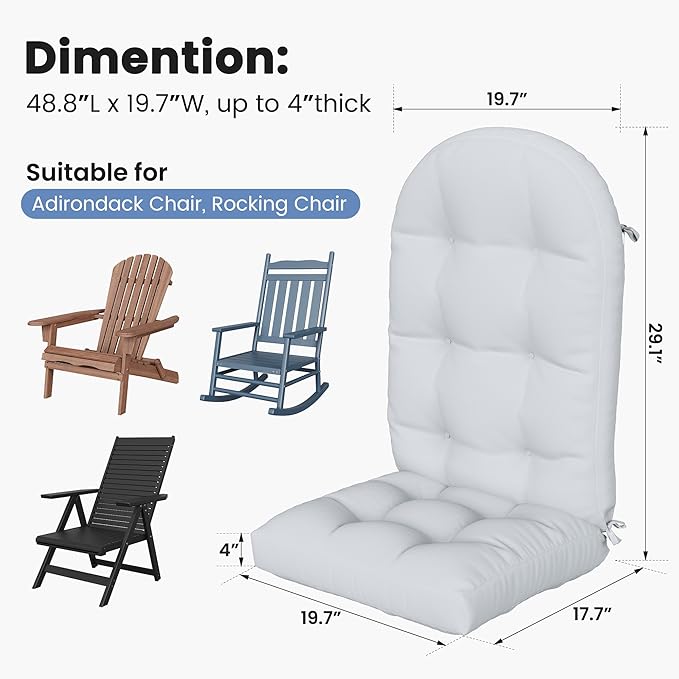 Amopatio Adirondack Chair Cushions 4" Thick Set [2-Pack] - Outdoor Cushions for Patio Furniture, Contoured Design with Anti-Slip Straps & Water-Resistant Fabric for Adirondack Chairs, Light Gray