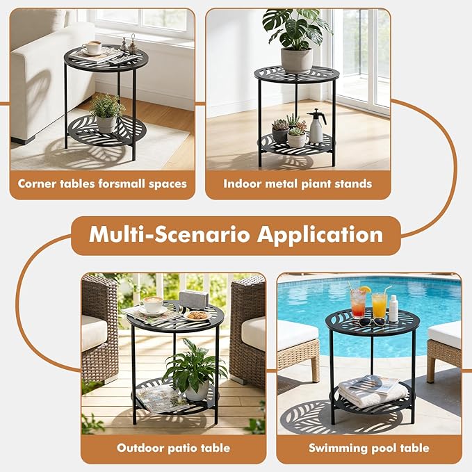17.7" Two-tiered Metal Round Side Tables Extra-large Black Outside End Table for Patio Round Accent Garden Corner Stand for Small Spaces Weather-resistant Coffee Table for Balcony Porch Plant Stand