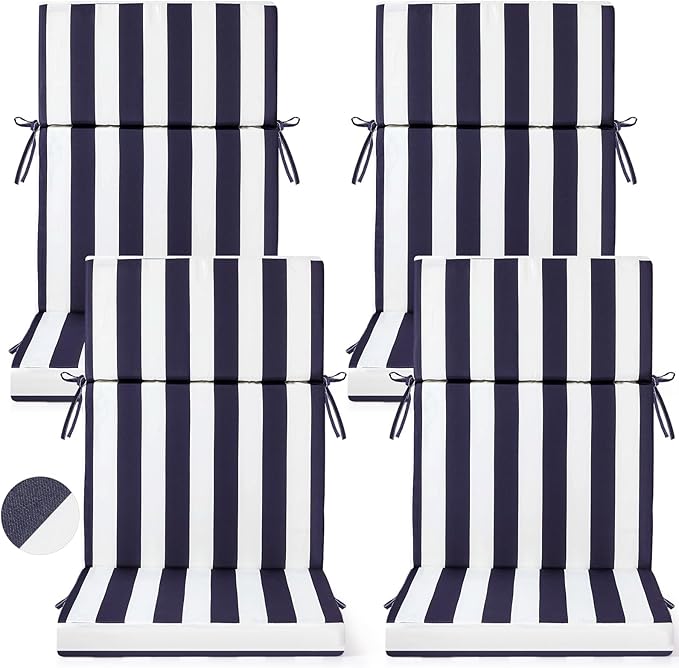 4 Pack Outdoor High Back Chair Cushion, 44 x 20 inches Patio Chair Cushions Waterproof Rocking Cushions Indoor Furniture Seat Pad, Weather Resistant (Stripe,Navy Blue)