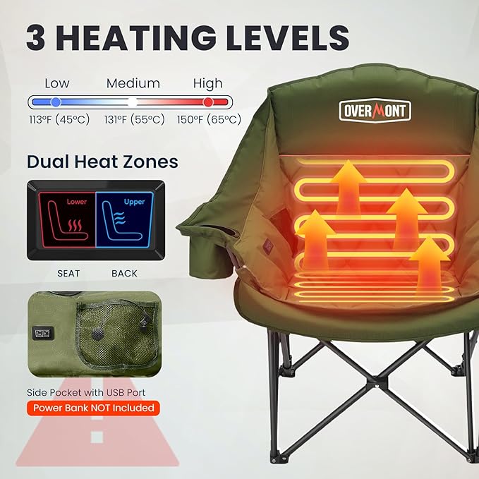 Overmont Heated Oversized Camping Chair for Adults - 3 Heat Levels Seat & Back Separately Control - 400lbs Support Heavy Duty Padded Folding Chair Outdoor Garden Portable - Battery NOT Included