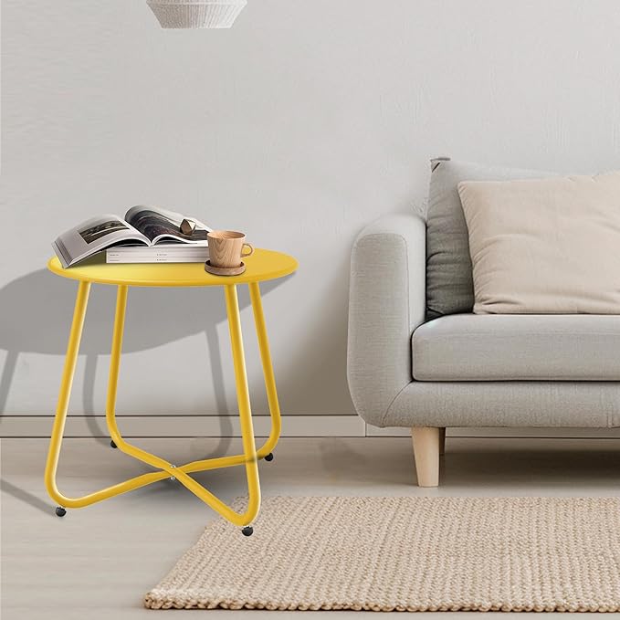 Patio Side Table Waterproof Round Metal Steel Weather Resistant Portable Outdoor and Indoor End Table for Garden Balcony Yard, Lemon Yellow
