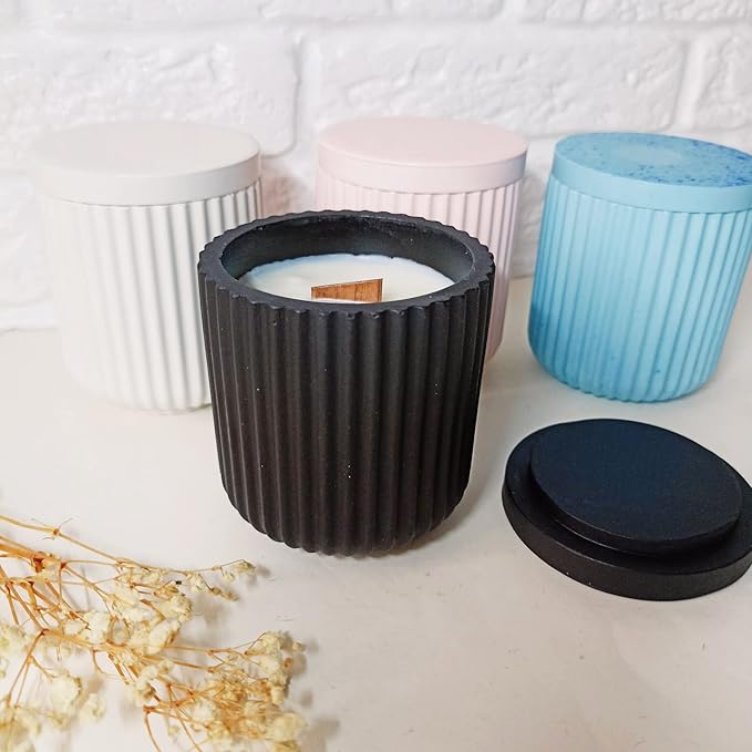 Storage Box With Lids, Silicone Candle Jar Molds Set, Creative Vessels Pot Molds, Concrete Round Stripe With Cover Bottle Making Moulds for Holder (B)