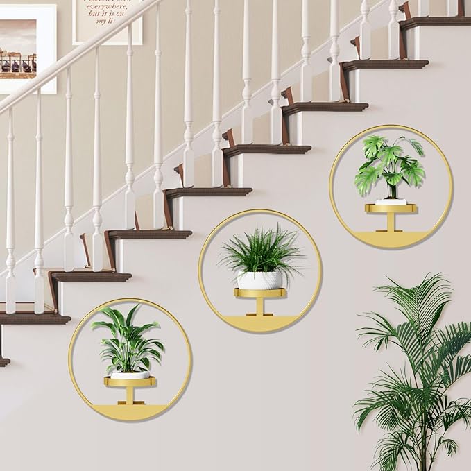 Wall Plant Shelf, Hanging Frame Decor Planter for Indoor Plants, Wall Mounted Plant Holder for Living Room/Entryway/Garden Flower Pot Holder Free Garden Shears (Circle-Gold, 2pcs)