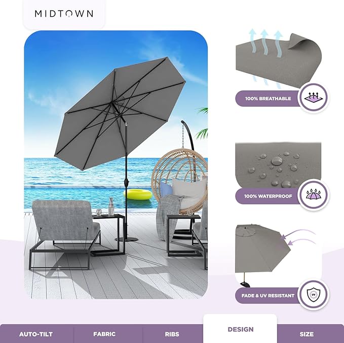 Midtown Umbrellas - 10-Year-No-Fade 6 Ft Patio Umbrella with Terylast Fabric, Auto-Tilt Aluminum Frame and 8 Reinforced Ribs for Deck, Pool, Garden & Beach - Dark Grey Canopy, Black Pole
