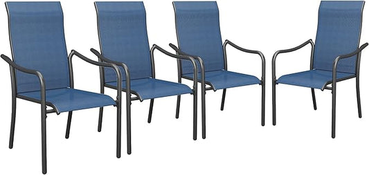 VICLLAX Patio Stackable Dining Chairs Set of 4, Outdoor Sling Chairs with Breathable Fabric and High Back for Balcony Porch Backyard, Dark Blue