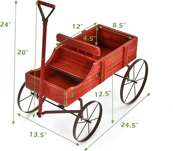 Wooden Wagon Planter, Decorative Garden Wheelbarrow Planter with 2 Planting Sections, Rolling Wheels, Adjustable Handle, Small Wagon Cart Planter Stand for Flowers Vegetables Herbs (Red)