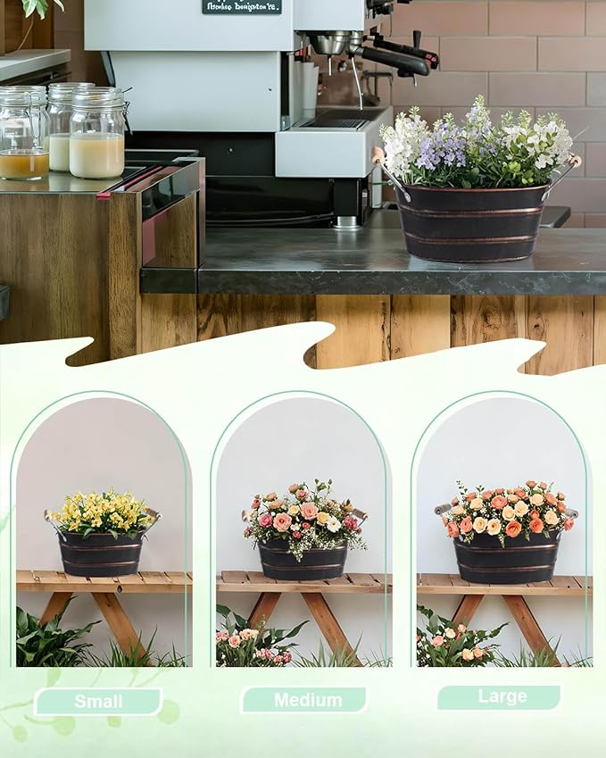Galvanized Metal Oval Planter Buckets with Handles – Set of 3 Rustic Farmhouse Flower Tubs with Drain Holes & Plugs, Vintage Small Pots for Herbs, Succulents, Wedding or Tabletop Decor (Black)