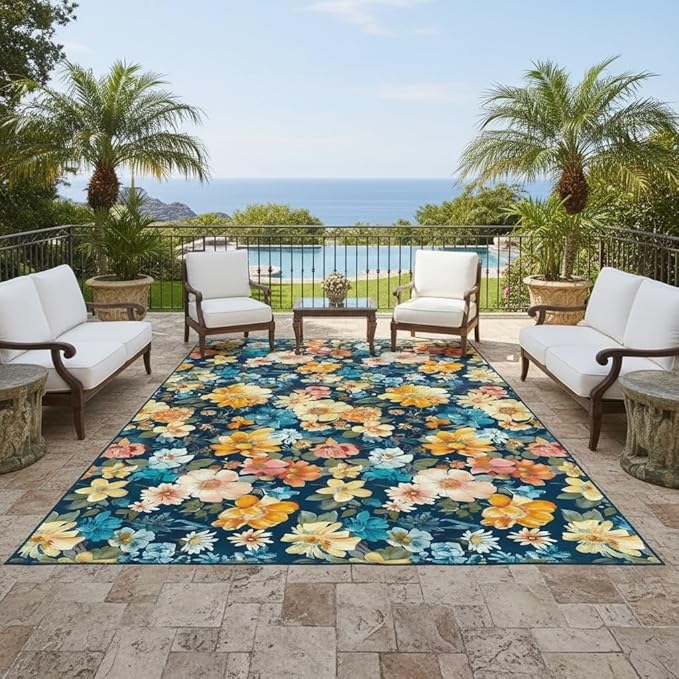 Vibrant Boho Modern Outdoor Floral Rug for Patio Deck Porch Garden Balcony Teal Blue Yellow Pink Flower Pattern Outdoor Area Rug 7x9 Washable Waterproof Camping Outside Carpet Non Slip Large Mat