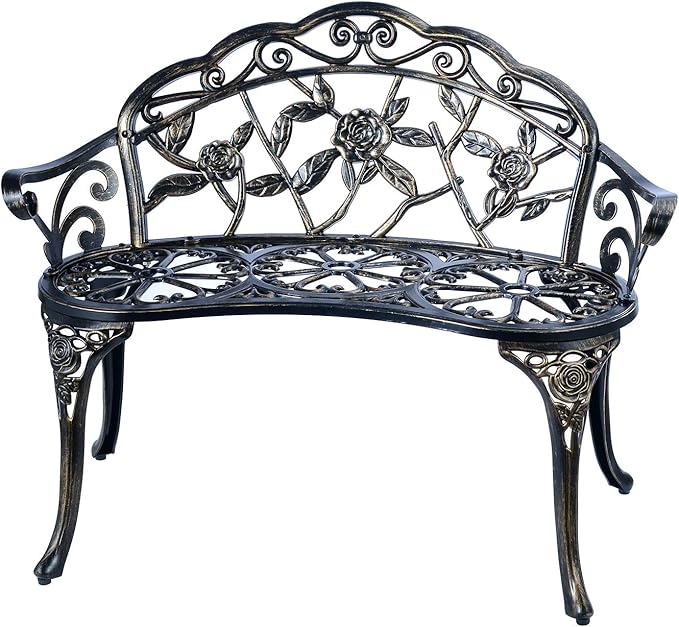 Patio Balcony Bench Double Seat, Anti-Rust Cast Aluminum Patio Garden Bench for Park Yard Outdoor Furniture Copper.1
