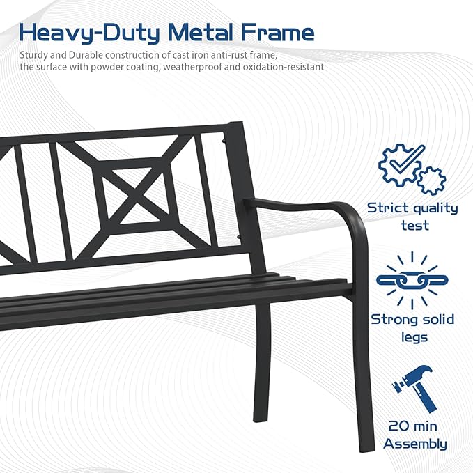 Black Outdoor Bench, Metal Weatherproof Garden Bench Cast Iron Heavy-Duty Patio Bench with Decorative Backrest for Proch Park 880lb Capacity