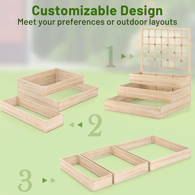 Giantex 3-Tier Raised Garden Bed with Trellis and 3 Planter Boxes, Outdoor Open-Ended Wood Raised Bed for Planting and Vines Flowers Vegetables Growing, 44"x45"x56"