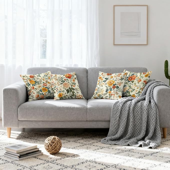 Flower Pillow Covers 18x18 inch Set of 4, Vintage Colorful Botanical Garden Rustic Elegance Throw Pillows Cover Sofa Couch Pillow Cases for Farmhouse Indoor Home Decor Decorations
