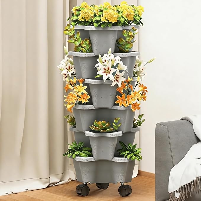 Vertical Planter 6 Tier Stackable Planter Garden Pots, Strawberry Vertical Pots, Stacking Tower Garden, Stackable Herb Flower Vegetable FlowerPots Indoor Outdoor with Removable Wheels