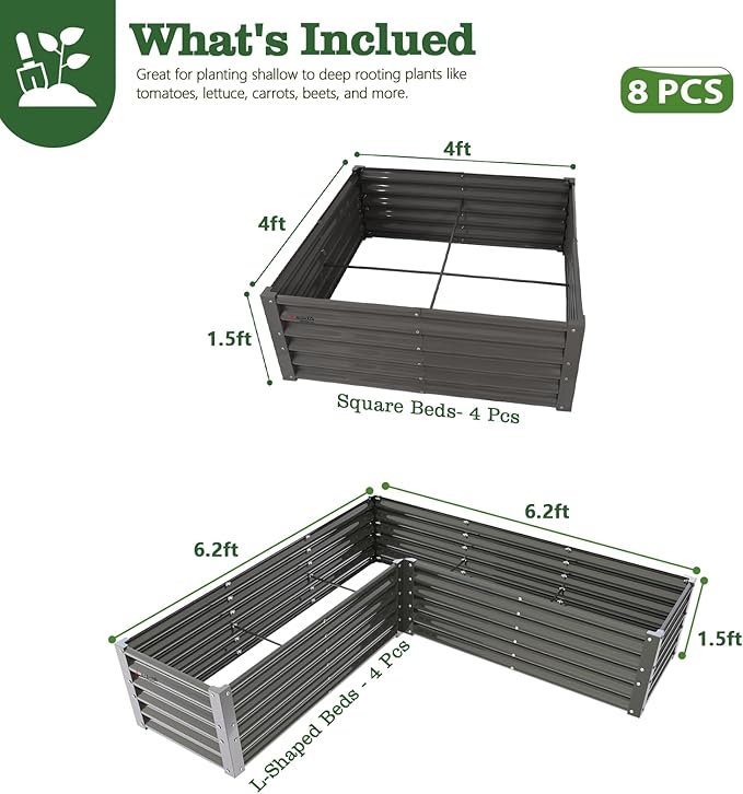 A ANLEOLIFE 8-Piece 18 Inch Tall Quartz Grey Raised Garden Beds Kit, L-Shaped & Square Metal Planters –Ideal for Structured Backyard Layouts.