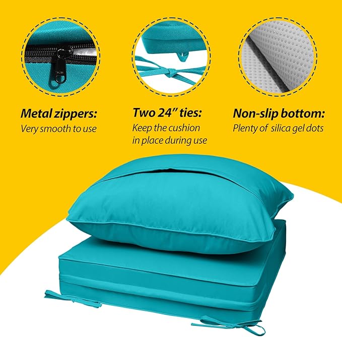AAAAAcessories Outdoor Seat Cushions for Chairs, Fade-Resistant, Waterproof Patio Furniture Replacement Cushions, 25.5" x 25.5" x 5" + 25.5" x 19", Turquoise Blue