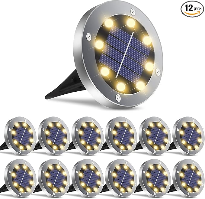 Solar Lights Outdoor Waterproof, 12 Pack Solar Ground Lights with Large Capacity Battery, High Efficiency Solar Powered Lights for Outdoor Garden, Patio, Pathway and Yard (Warm Light)