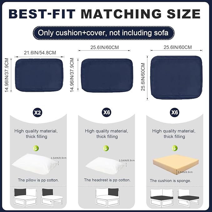Patio Sectional Cushions, 14-Piece Replacement Cushions for Outdoor Furniture, Water-Resistant Outdoor Sofa Cushion for 6-Seat Rattan Wicker Sectional Conversation Sets (Navy Blue111)